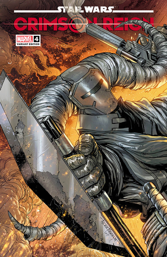 Comic book cover featuring a character in armor with a gun, titled 'Star Wars: Crimson Reign'.