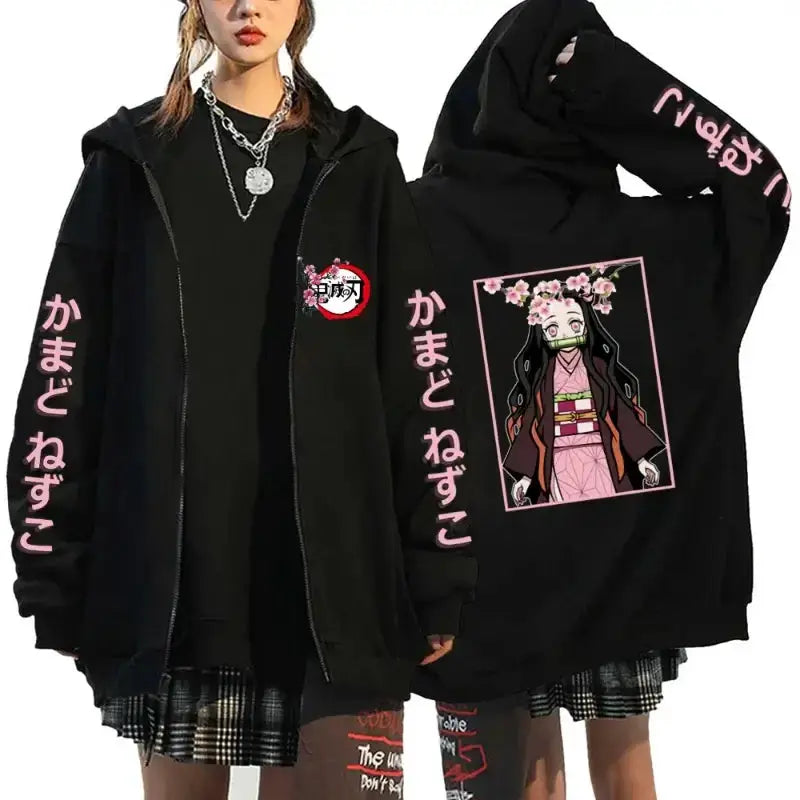 Demon Slayer Harajuku fleece zip hoodie by Infinite Visibility featuring character graphics and streetwear style.