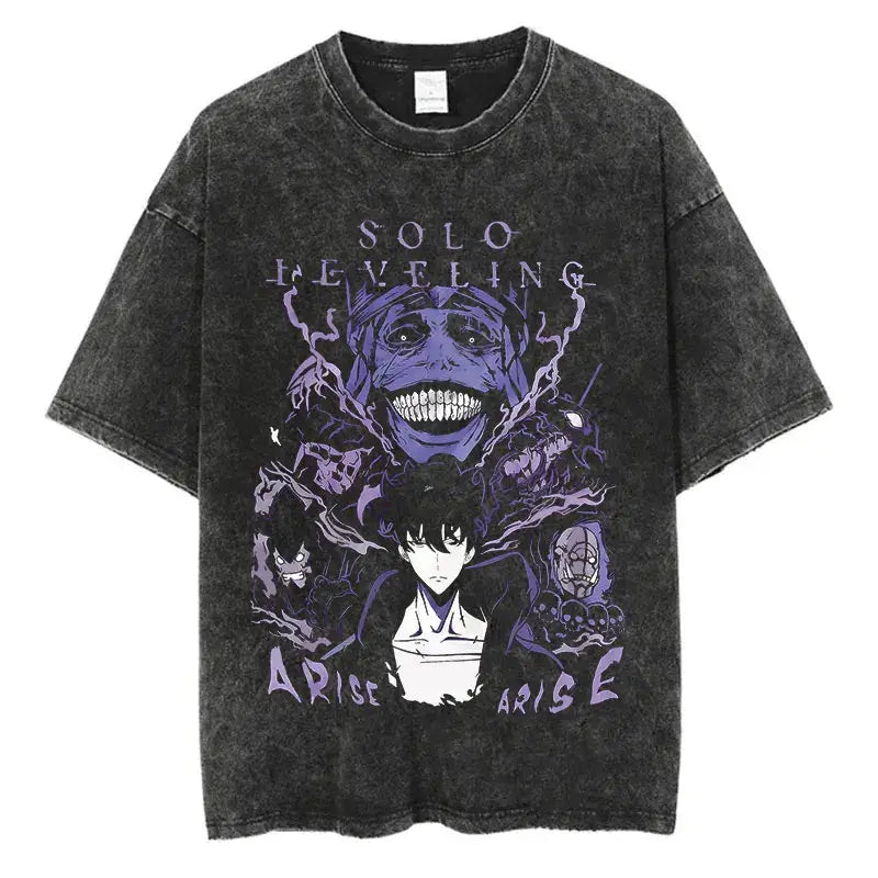 Solo Leveling Vintage T-shirt: Harajuku Washed Anime Tee