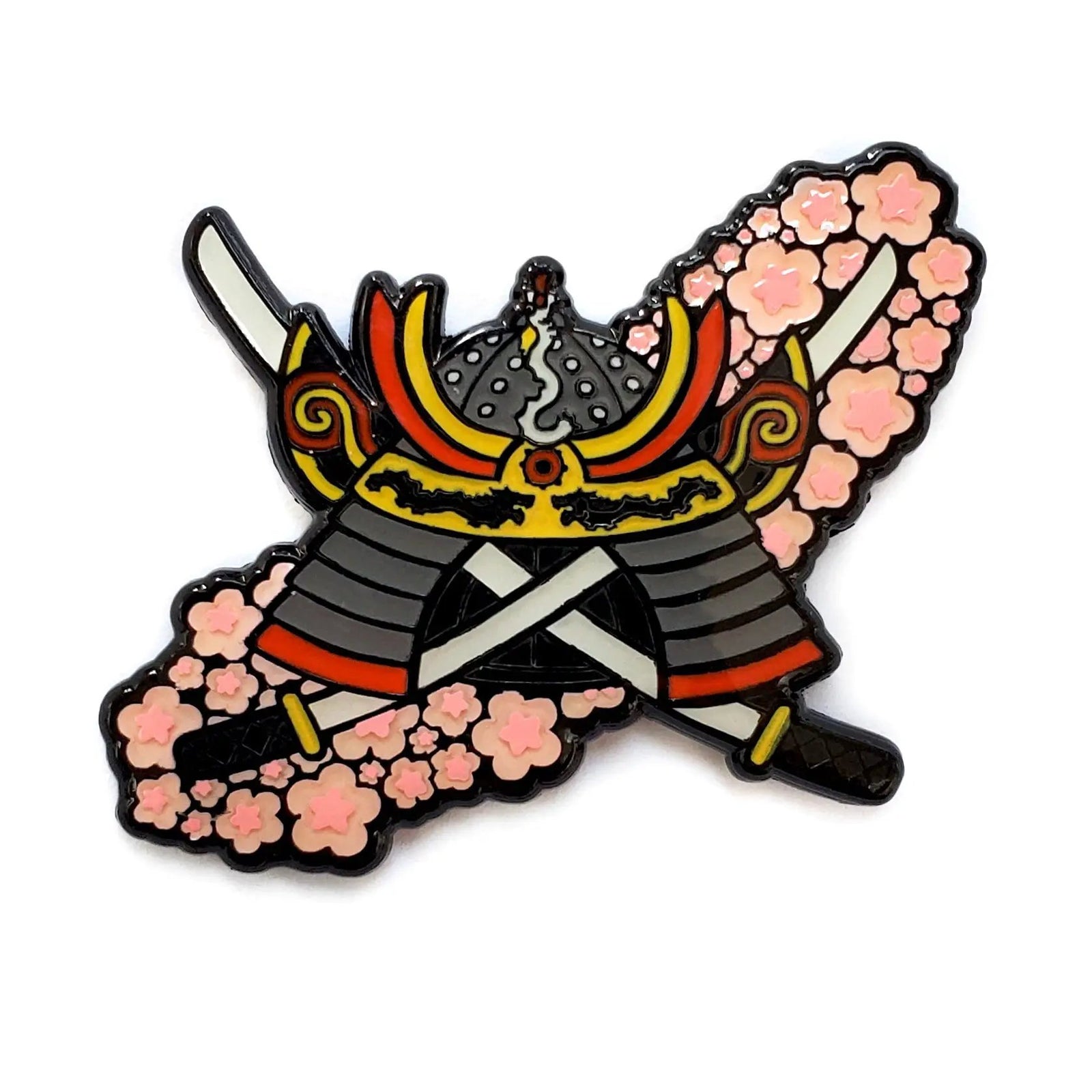 Kolorspun Sakura Samurai enamel pin featuring a detailed cherry blossom and samurai design on a sleek metal backing.