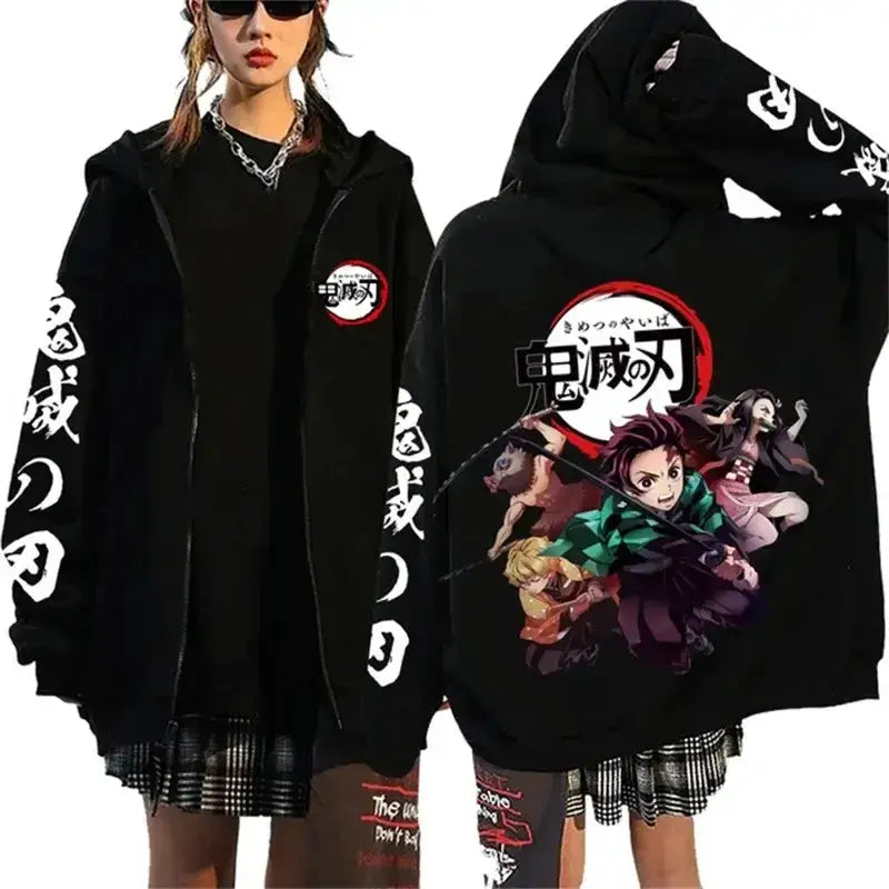 Demon Slayer Harajuku fleece zip hoodie by Infinite Visibility, featuring detailed character graphics and streetwear style.