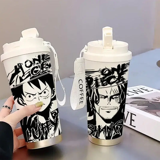 One Piece Thermos Cup: 520ML Luffy & Zoro Anime Straw Mug