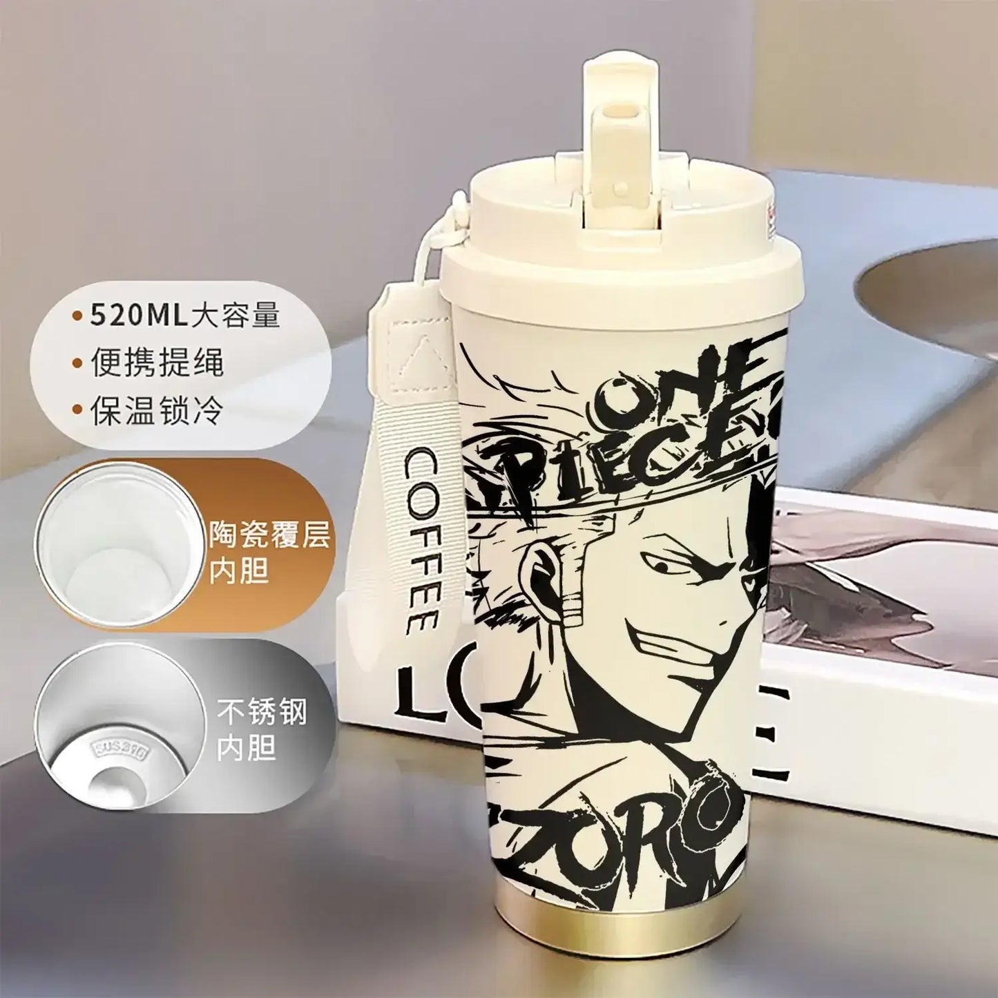 One Piece Thermos Cup: 520ML Luffy & Zoro Anime Straw Mug