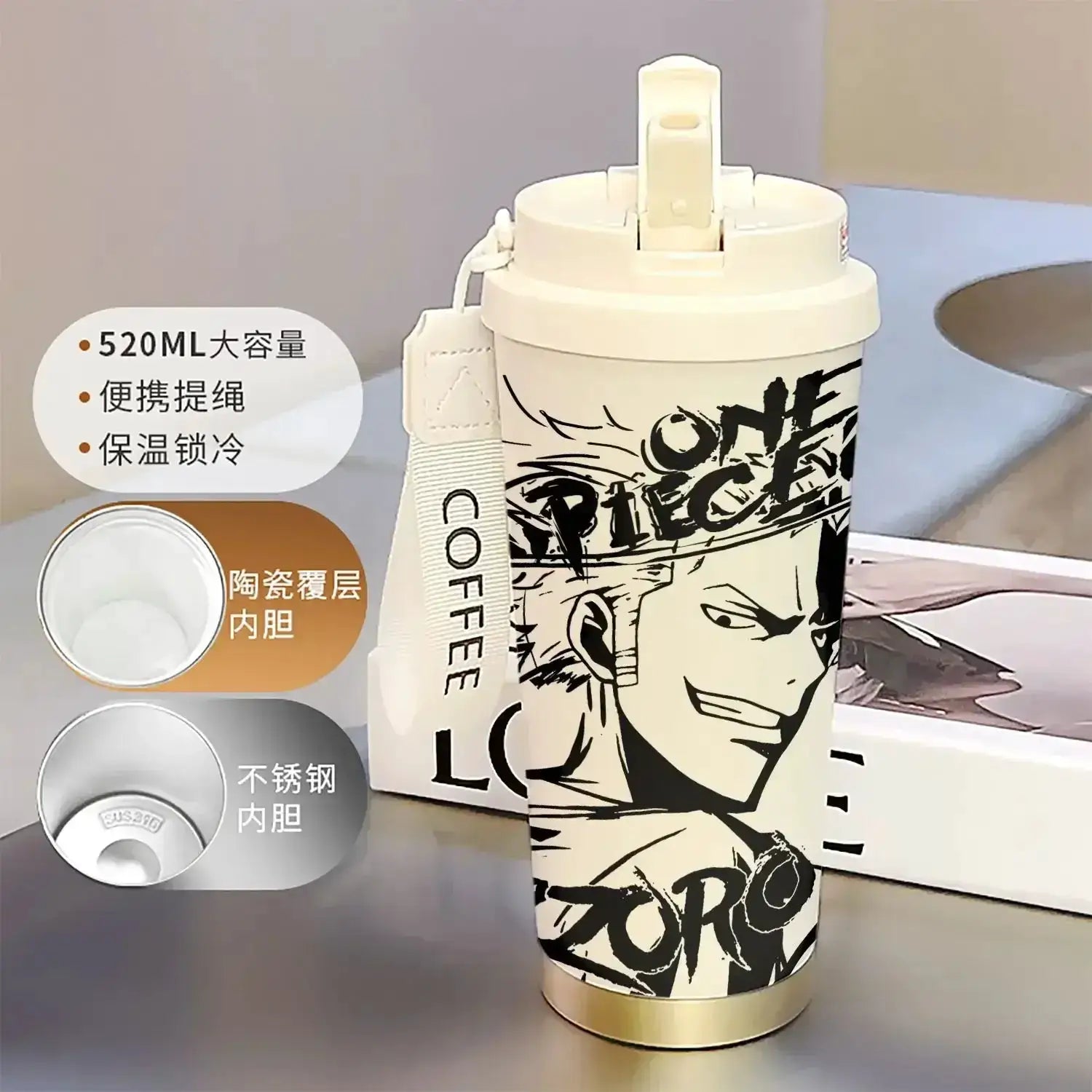 One Piece Thermos Cup: 520ML Luffy & Zoro Anime Straw Mug by Infinite Visibility