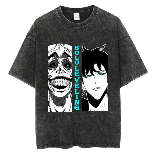 Solo Leveling Vintage T-shirt: Harajuku Washed Anime Tee