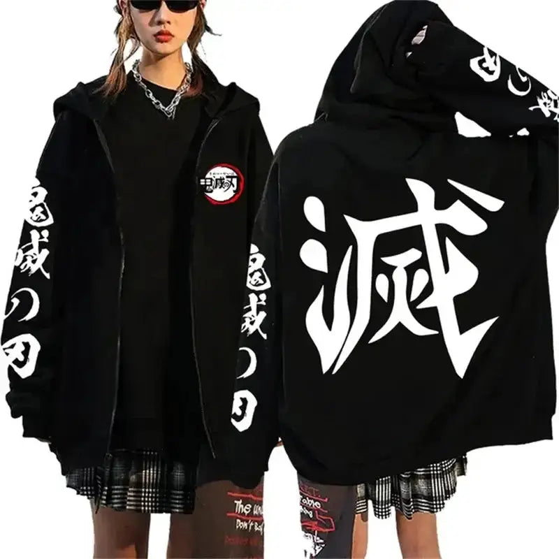 Demon Slayer Harajuku fleece zip hoodie by Infinite Visibility featuring bold graphic design and streetwear style.