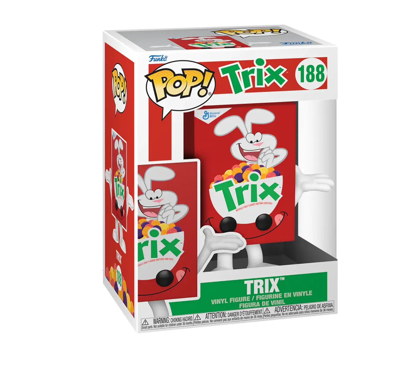 Trix cereal box by General Mills featuring colorful cartoon cereal pieces and playful design on the packaging.