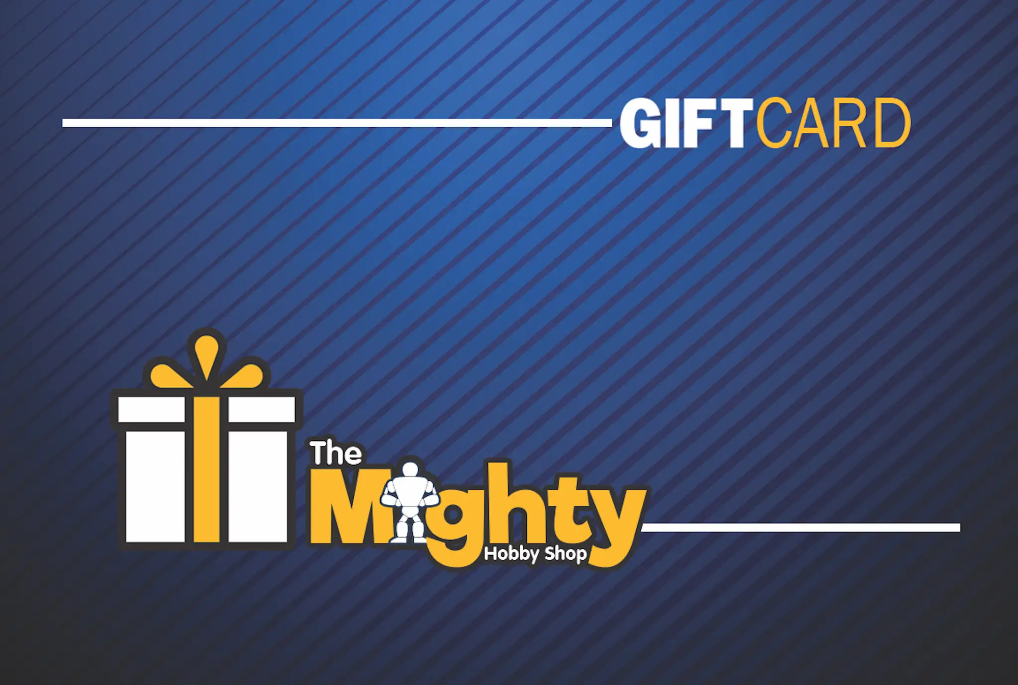 Gift card from THE MIGHTY HOBBY SHOP featuring the brand logo and colorful design, perfect for hobby enthusiasts.
