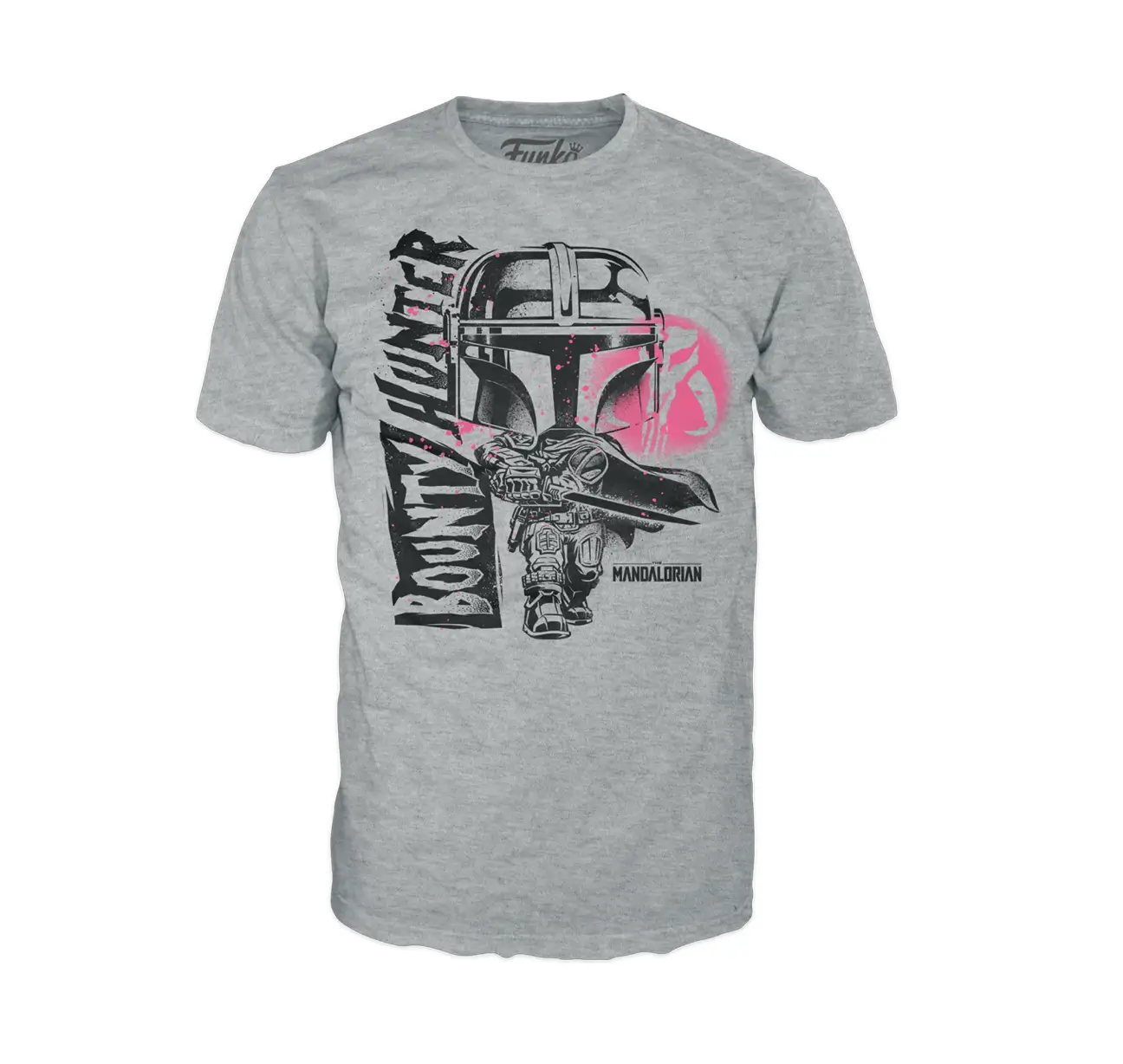 Bounty Hunter with Darksaber boxed T-shirt from The Mandalorian, featuring a graphic print of a Mandalorian with Darksaber, apparel.