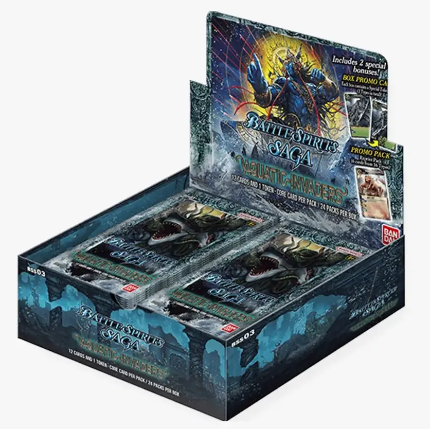 Aquatic Invaders Booster Box from THE MIGHTY HOBBY SHOP, featuring colorful aquatic-themed card game packaging.