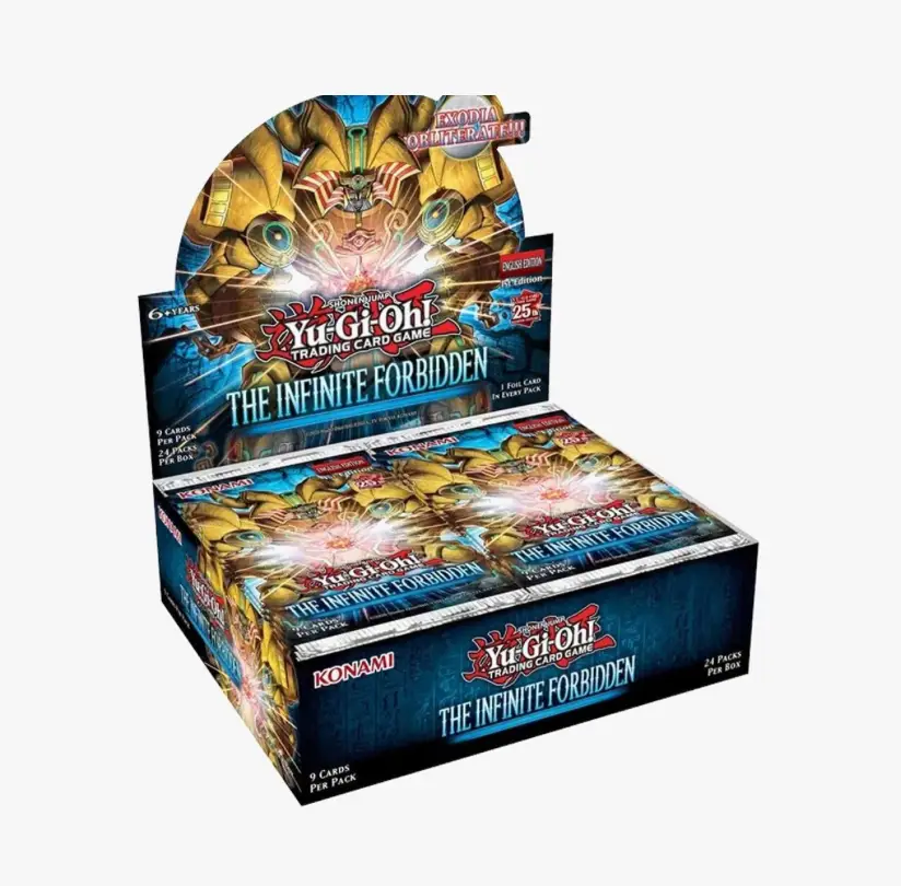 Screenshot of The Infinite Forbidden Booster Box [1st Edition] by THE MIGHTY HOBBY SHOP, featuring colorful packaging and artwork.