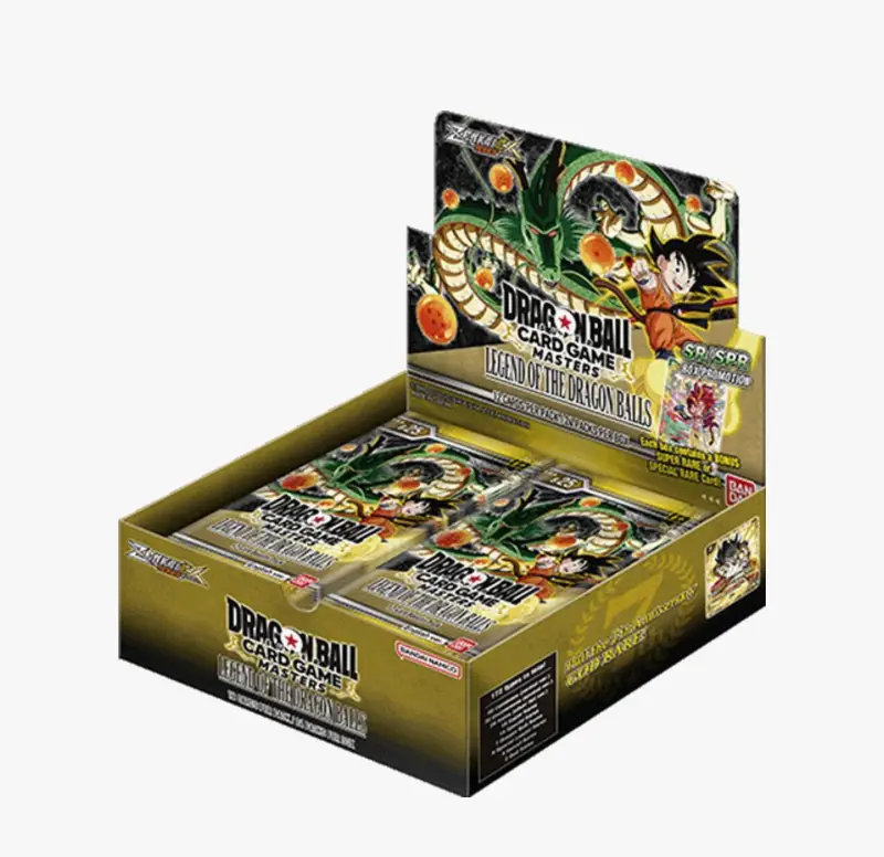 Legend of the Dragon Balls booster box from THE MIGHTY HOBBY SHOP featuring colorful Dragon Ball cards in packaging.