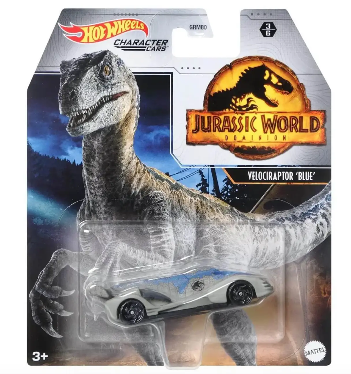 Jurassic World Dominion Velociraptor Blue toy from Mattel, detailed green and brown dinosaur figure with realistic features