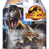 Jurassic World Dominion Tyrannosaurus Rex Hot Wheels toy car, detailed plastic model from Mattel's Jurassic World collection