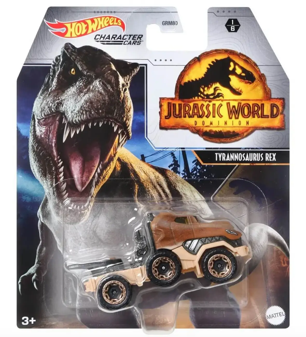 Jurassic World Dominion Tyrannosaurus Rex Hot Wheels toy car, detailed plastic model from Mattel's Jurassic World collection