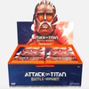 Screenshot of Attack on Titan: Battle for Humanity booster pack by THE MIGHTY HOBBY SHOP, featuring collectible cards and game components.