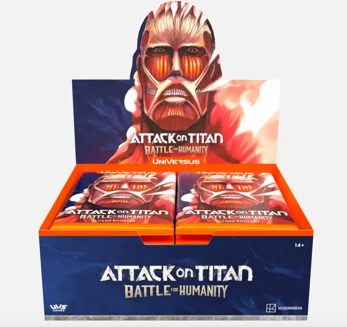 Screenshot of Attack on Titan: Battle for Humanity booster pack by THE MIGHTY HOBBY SHOP, featuring collectible cards and game components.