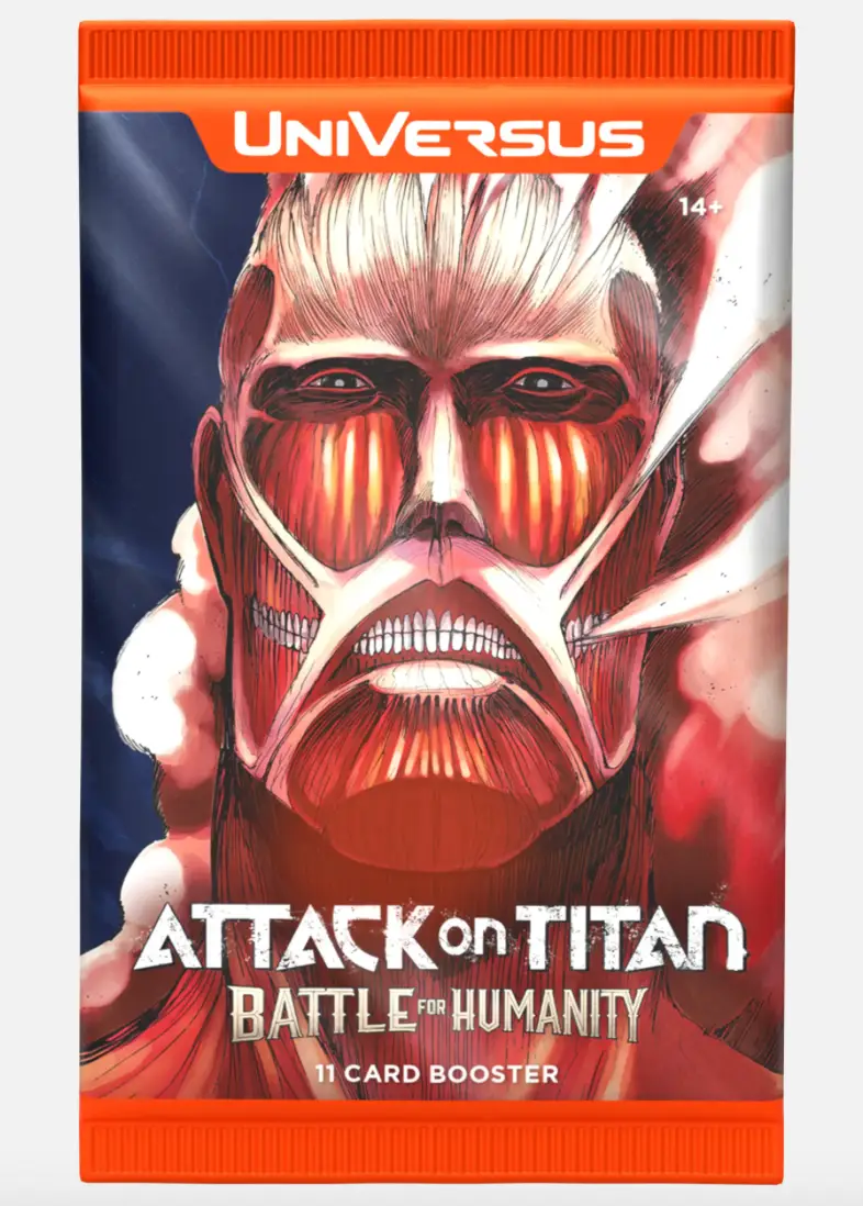 Screenshot of Attack on Titan: Battle for Humanity booster pack featuring colorful cards and artwork from the collectible game.
