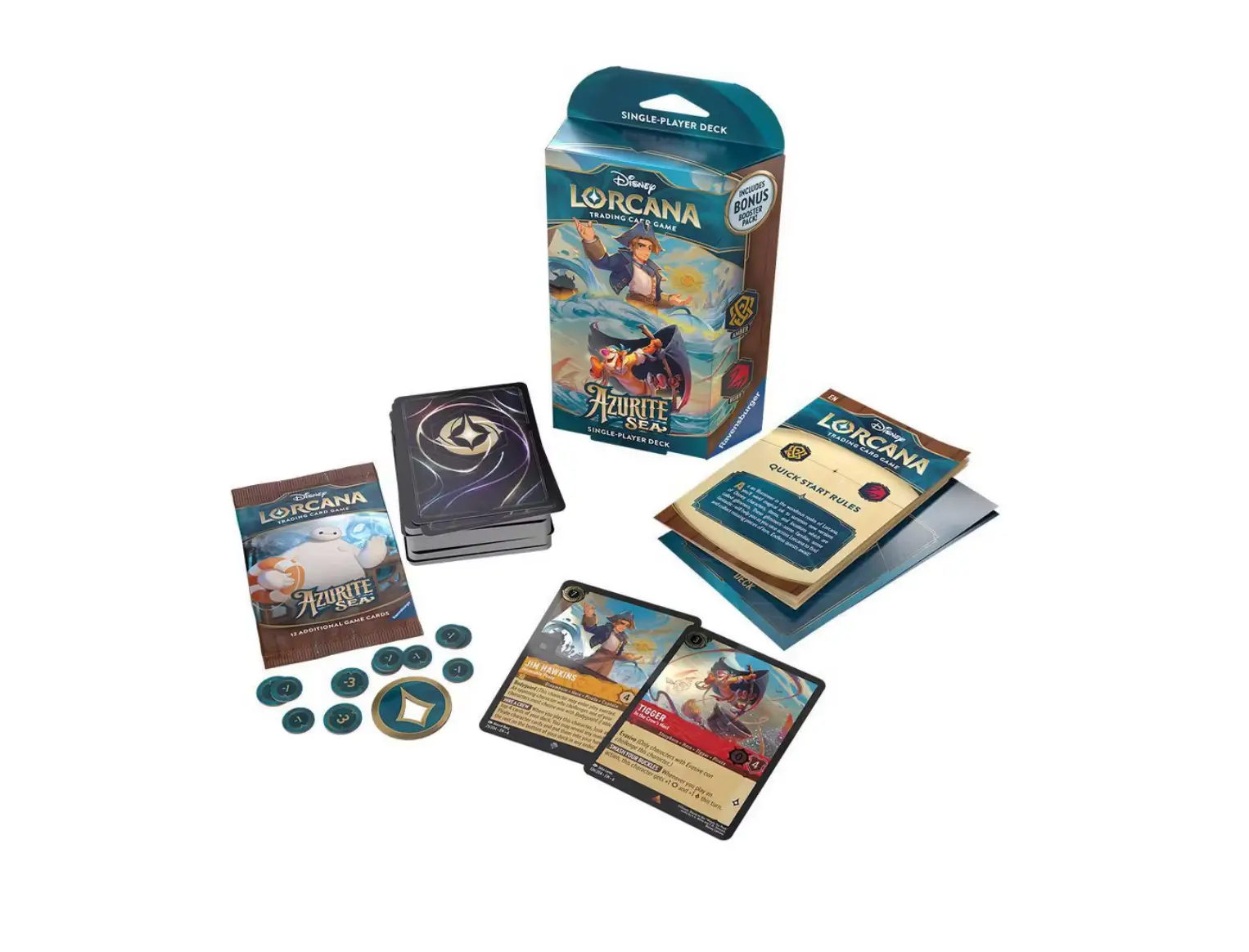 Disney Lorcana trading card game deck featuring Azurite Sea Amber and Ruby single-player cards, with colorful fantasy artwork.