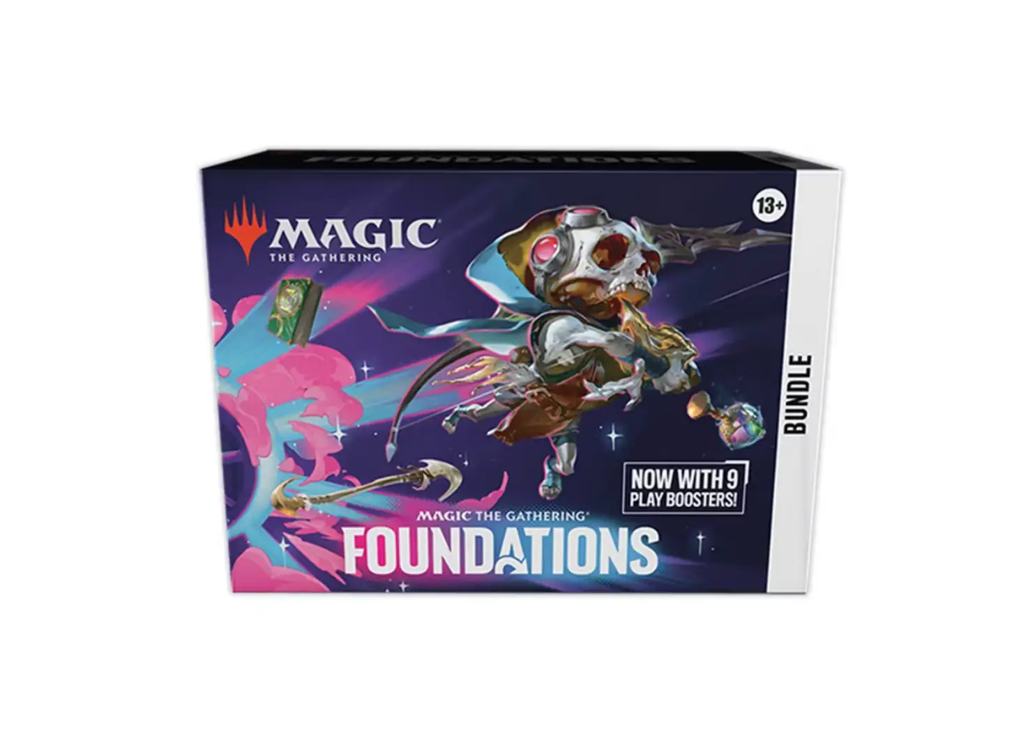 Screenshot of Magic: The Gathering Foundations Bundle packaging, featuring colorful card illustrations and branding elements.