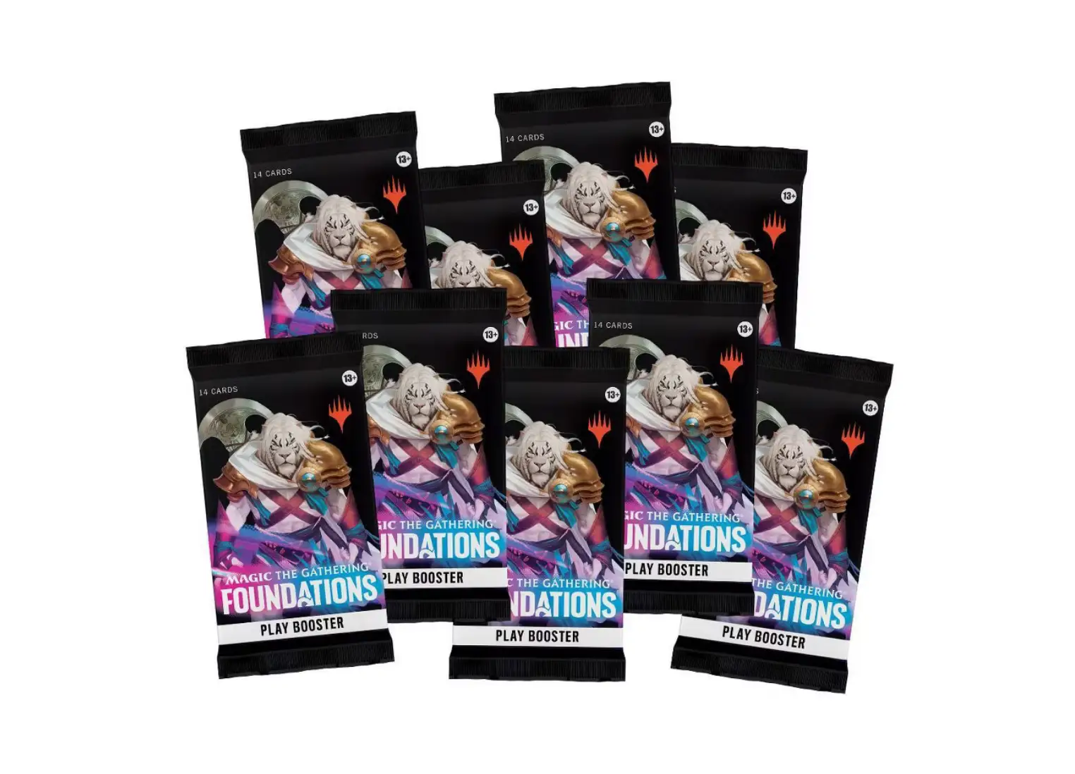 Screenshot of Magic: The Gathering Foundations Bundle, featuring colorful game cards and packaging from THE MIGHTY HOBBY SHOP.