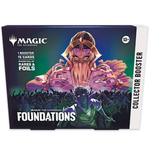 Magic: The Gathering Foundations Collector Booster pack featuring fantasy artwork and rare cards, displayed on a white background.