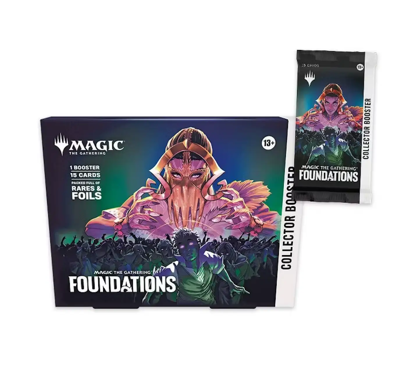 Magic: The Gathering Foundations Collector Booster pack with colorful card illustrations and artwork on a white background.