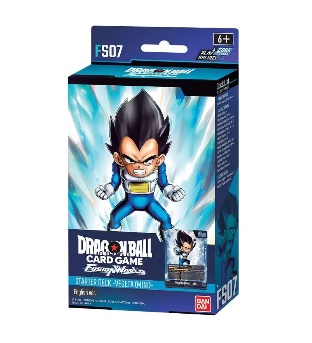 Dragon Ball Z Super Card Game Fusion World Starter Deck featuring Vegeta mini card, collectible card game accessory.