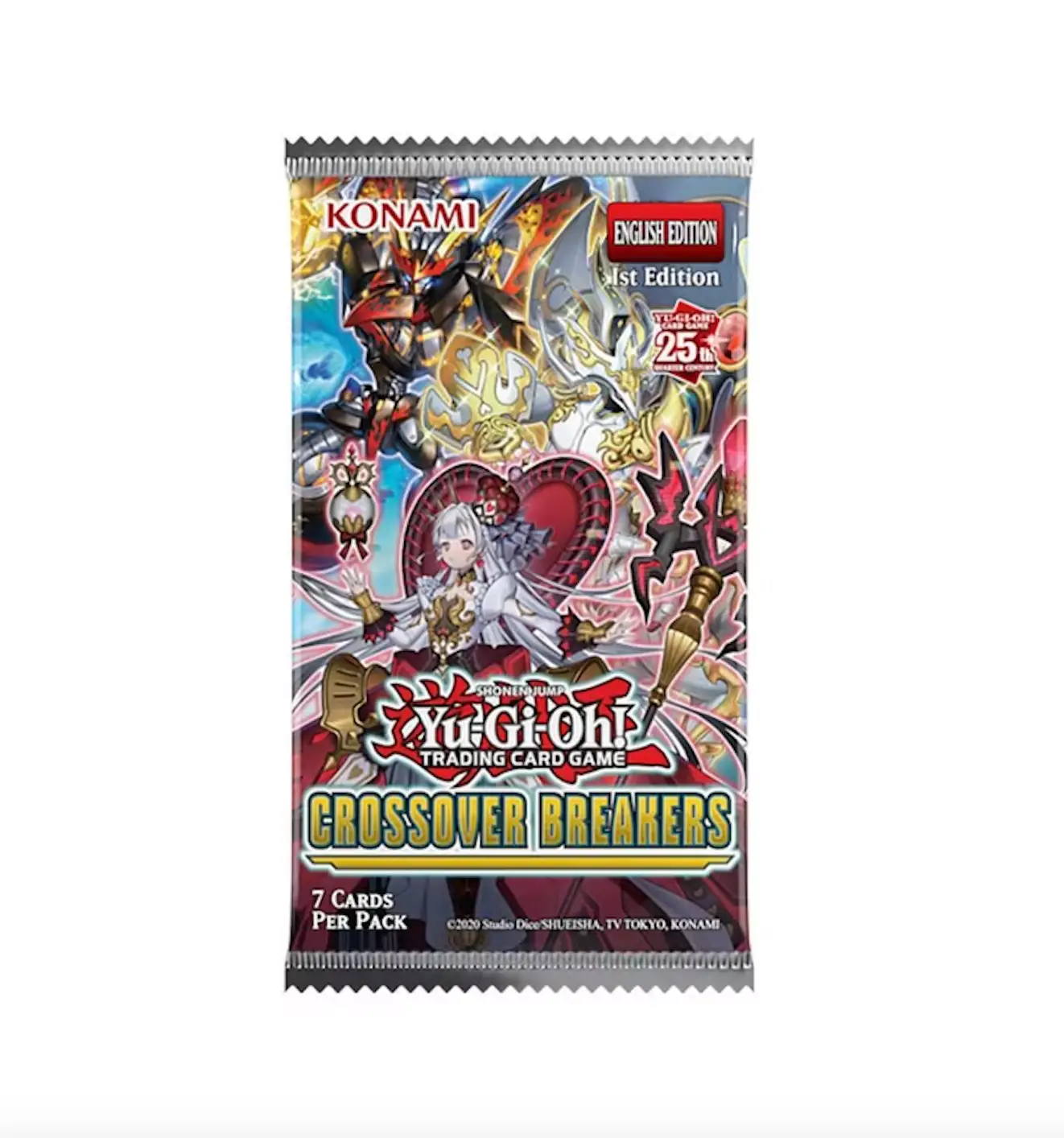 Yu-Gi-Oh! Crossover Breakers booster pack from THE MIGHTY HOBBY SHOP, featuring colorful trading cards in a sealed pack.
