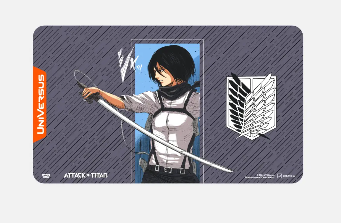 Mikasa Ackerman from Attack on Titan Battle for Humanity playmat featuring detailed anime artwork and vibrant colors.