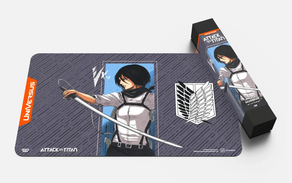 Mikasa Ackerman from Attack on Titan battle for humanity playmat, featuring detailed artwork of Mikasa in action.