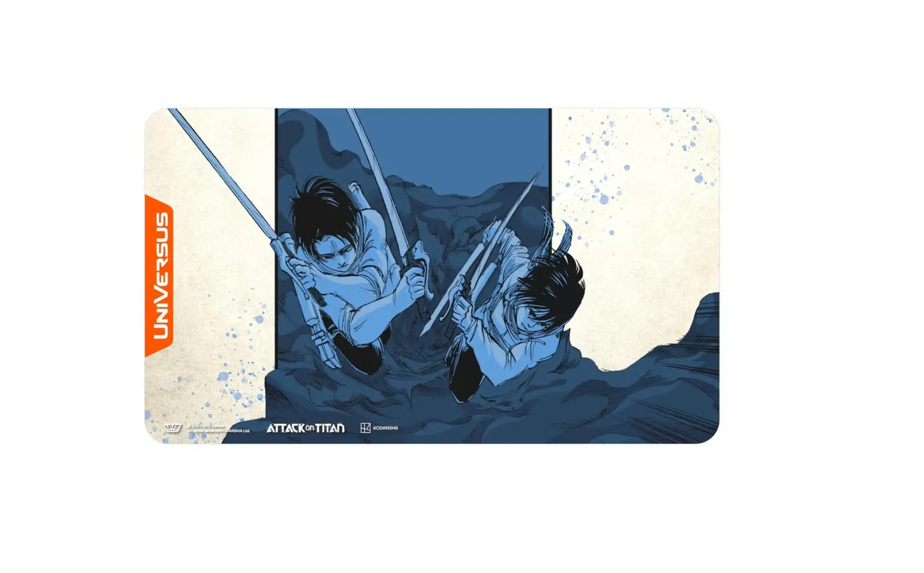 UniVersus Attack on Titan double takedown playmat, 24x14 inches, featuring detailed artwork from the Attack on Titan series.