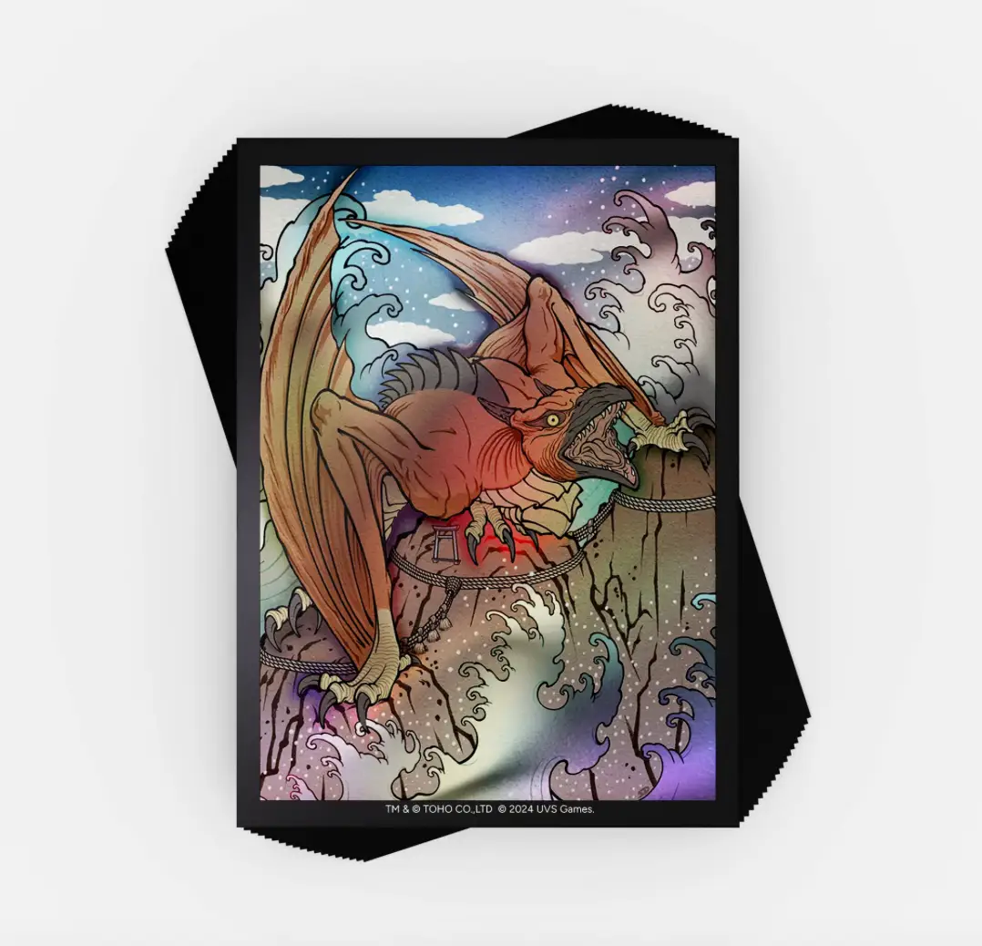 Godzilla-themed sleeves featuring Rodan design, made by The Mighty Hobby Shop, with vibrant monster imagery on fabric.