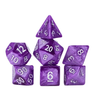 Seven Saturn-shaped Mercurial dice from THE MIGHTY HOBBY SHOP, showing gold and black design on a white background.