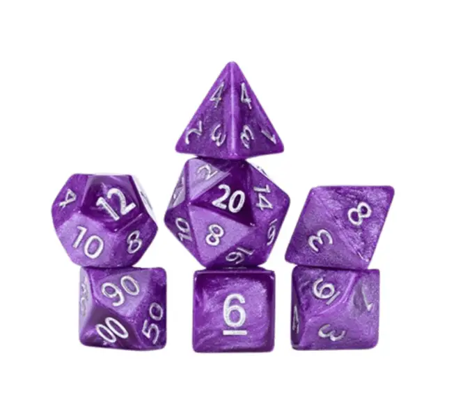 Seven Saturn-shaped Mercurial dice from THE MIGHTY HOBBY SHOP, showing gold and black design on a white background.