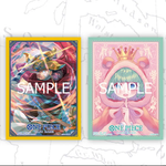 Official One Piece Card Game sleeves by THE MIGHTY HOBBY SHOP, featuring colorful anime character artwork on protective card sleeves.