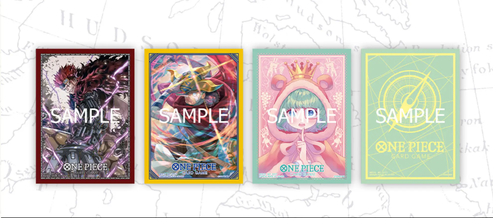 Official One Piece Card Game sleeves by THE MIGHTY HOBBY SHOP, featuring colorful anime character artwork on protective card sleeves.