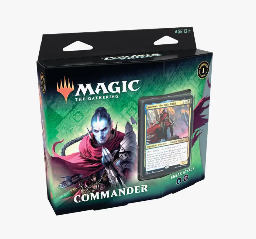 Zendikar Rising Sneak Attack Commander Deck from Magic: The Gathering, featuring card art and game components on a tabletop.