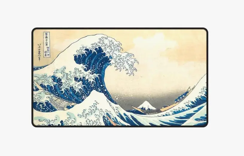 Black-stitched Ultra Pro fine art playmat featuring The Great Wave Off Kanagawa design, ideal for gaming and collectible displays.