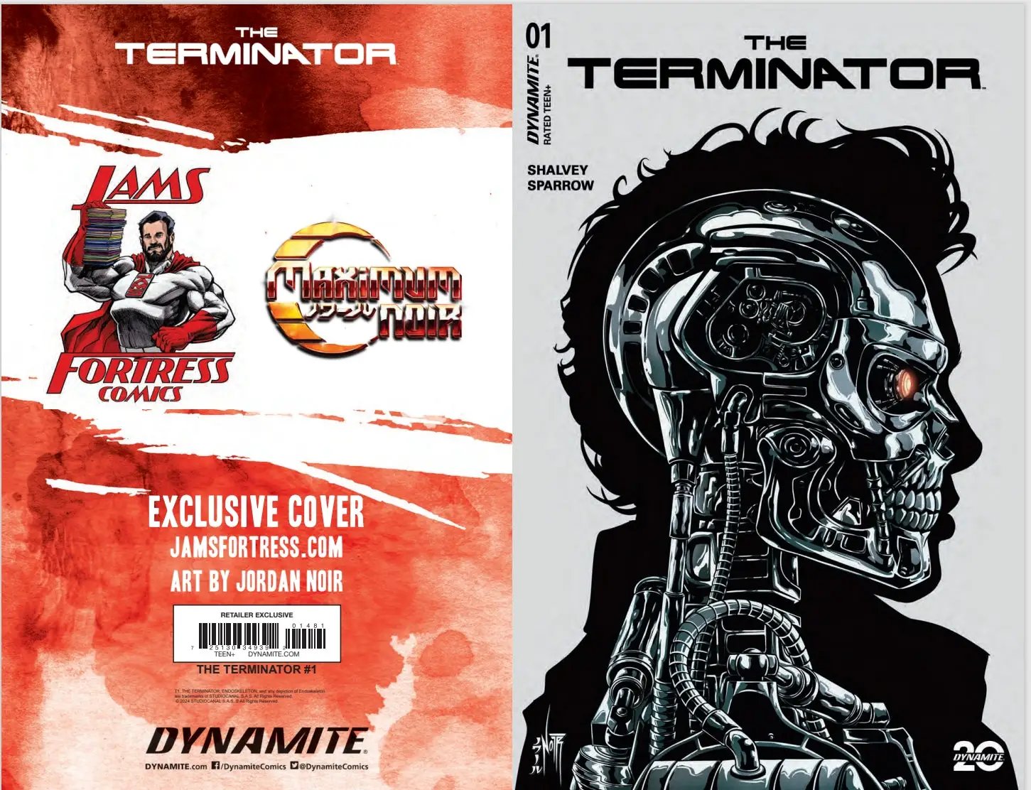 Signed Terminator #1 comic book by JAMS Fortress Comics, Jordan Noir Metal Black & White Variant, front cover image.