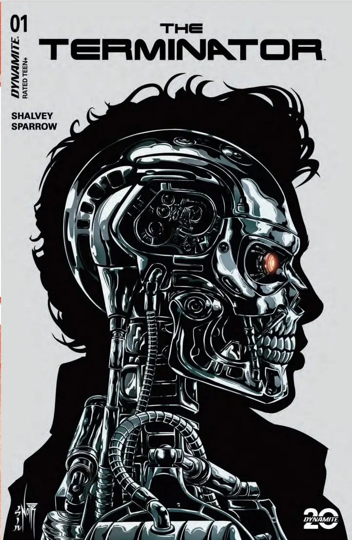 Terminator #1 comic book by Jams Fortress Comics, black and white variant featuring iconic sci-fi character, cover art with detailed design.