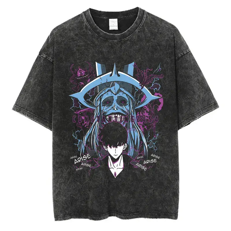 Solo Leveling Vintage T-shirt: Harajuku Washed Anime Tee