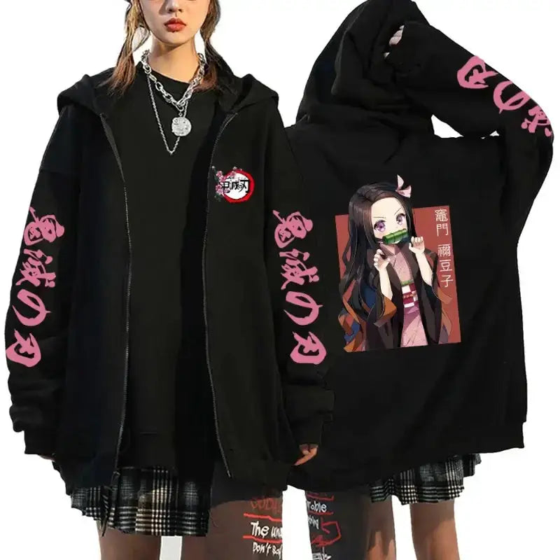 Demon Slayer Harajuku fleece zip hoodie by Infinite Visibility, featuring anime-inspired streetwear design with front zipper and hood.