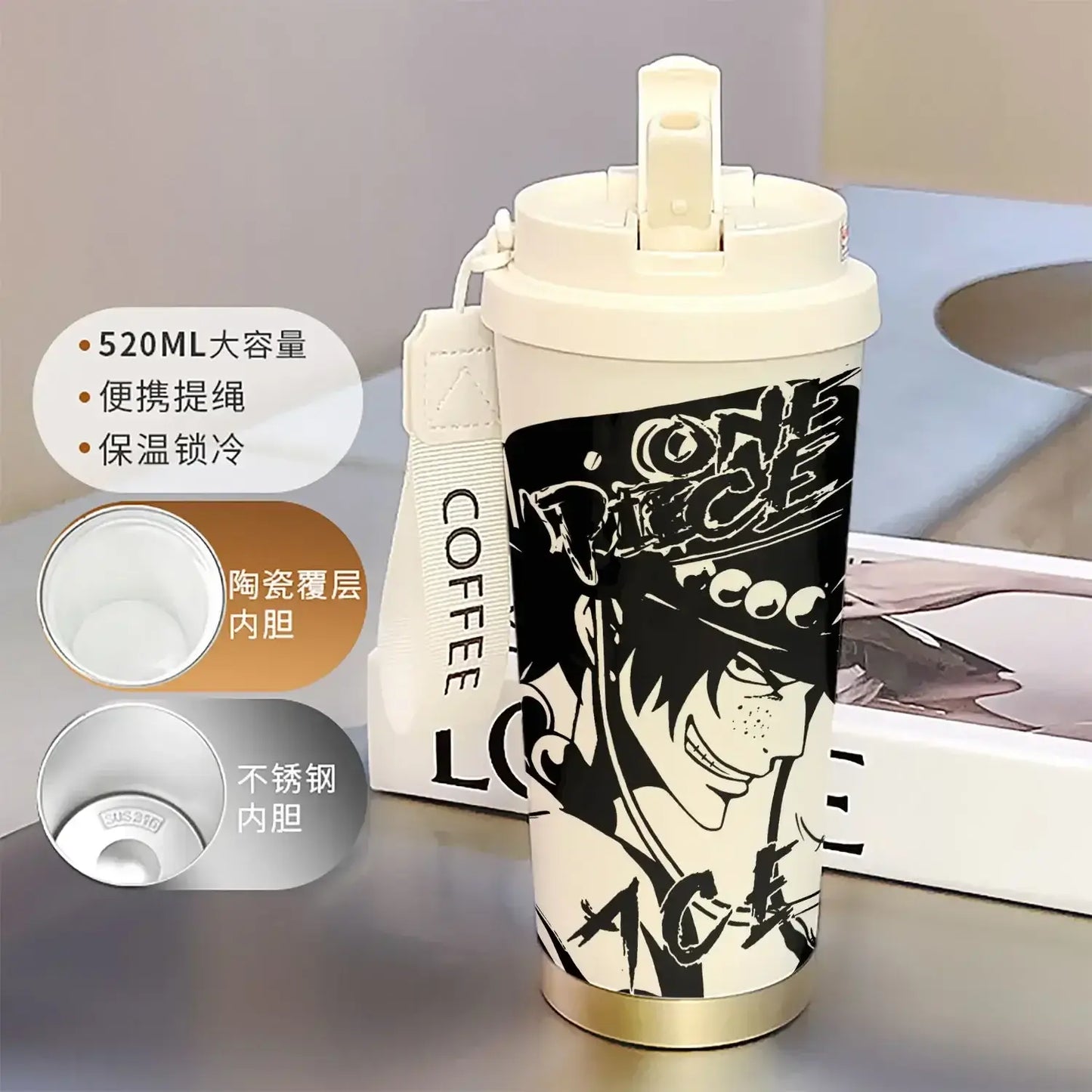 One Piece Thermos Cup: 520ML Luffy & Zoro Anime Straw Mug