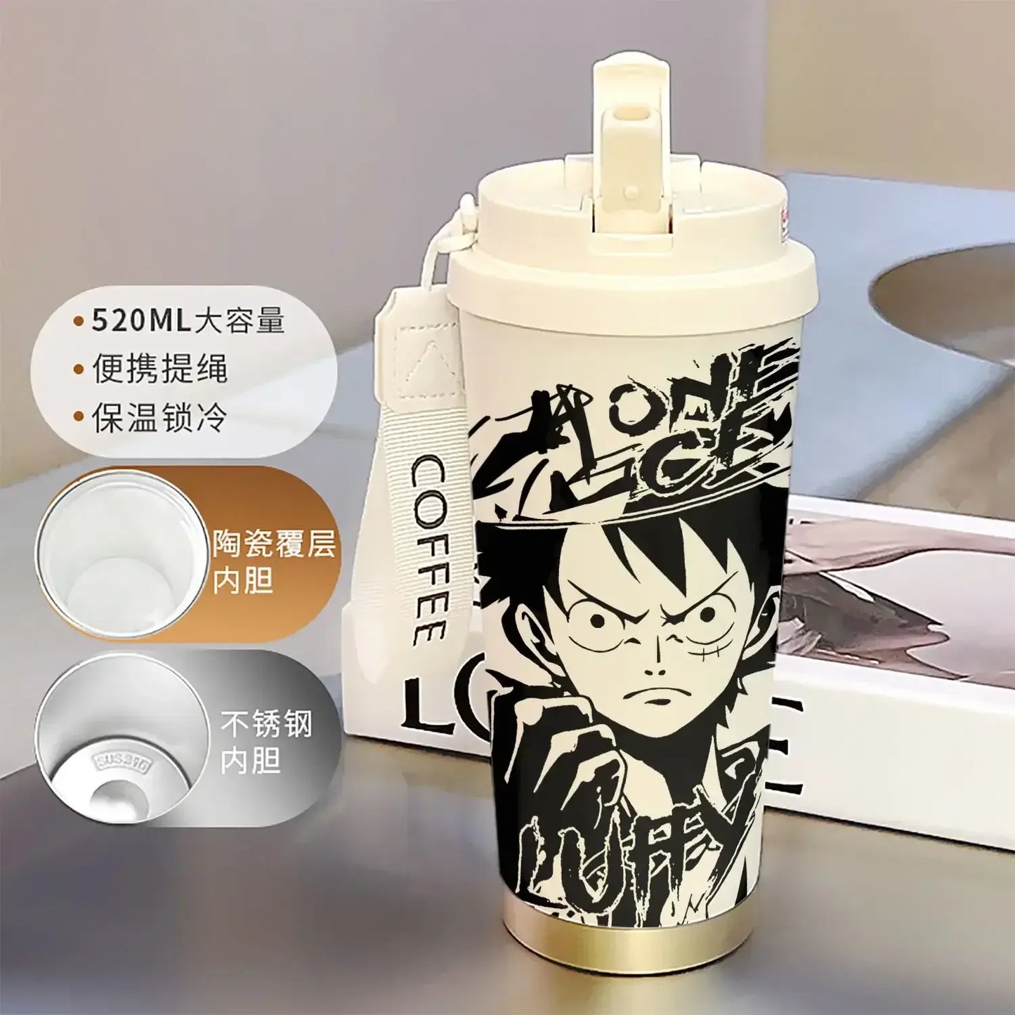 One Piece Thermos Cup: 520ML Luffy & Zoro Anime Straw Mug