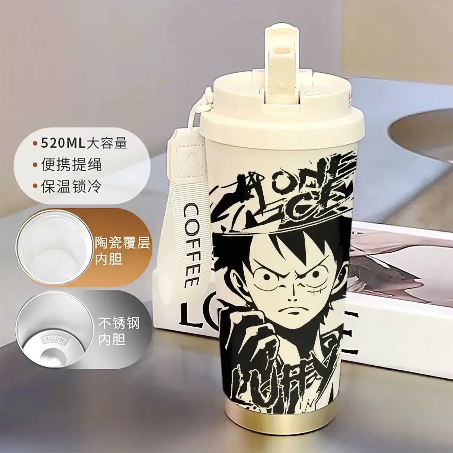 One Piece Thermos Cup: 520ML Luffy & Zoro Anime Straw Mug by Infinite Visibility