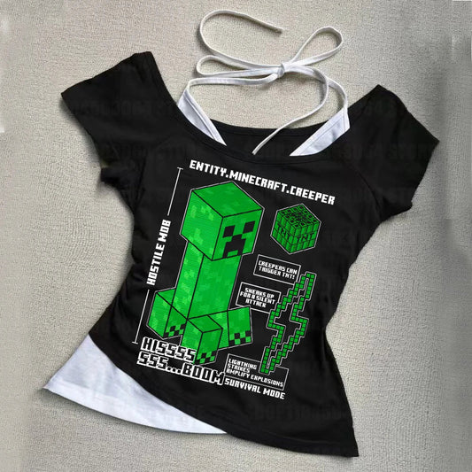 Punk Gothic Slim Baby Tee Y2k Off Shoulder Top