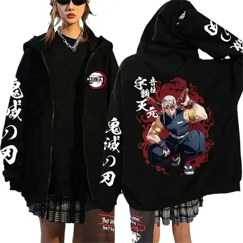 Demon Slayer Harajuku fleece zip hoodie by Infinite Visibility featuring anime-inspired design and streetwear style.
