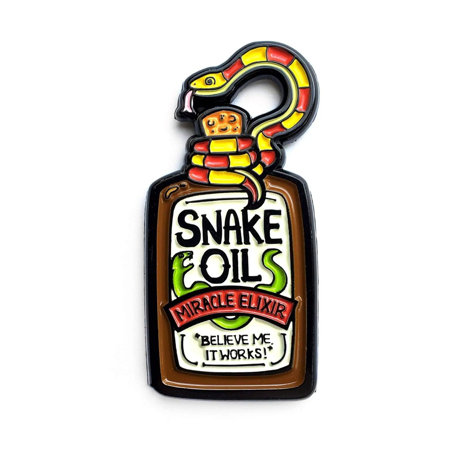 Kolorspun Snake Oil enamel pin featuring a detailed snake design on a silver-tone pinback.