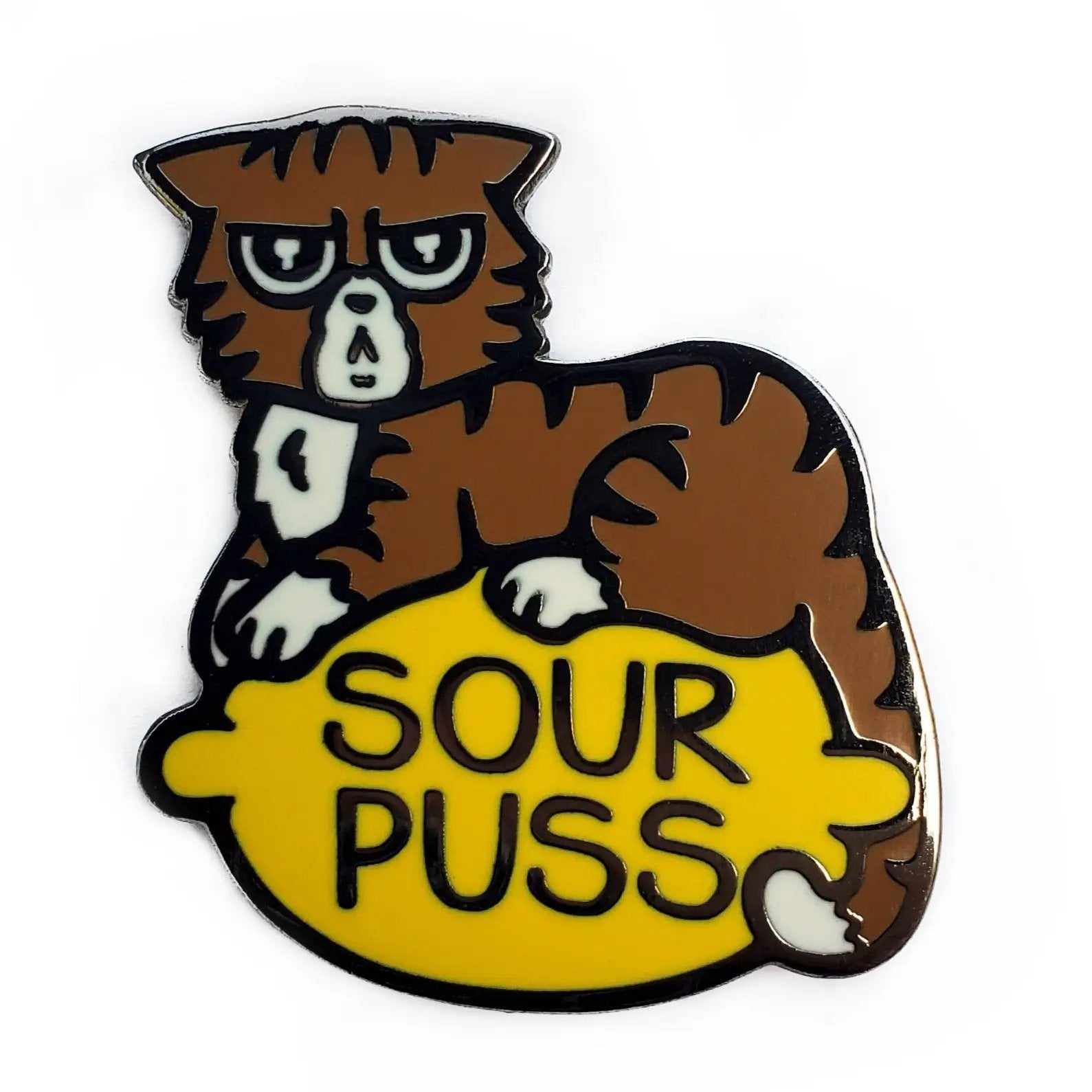 Kolorspun Sourpuss enamel pin featuring a detailed, colorful cartoon cat design on a metal backing.
